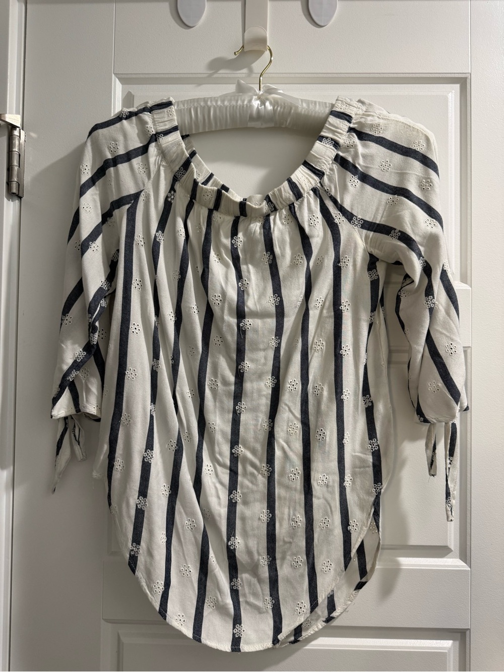 SO White and Navy Striped Off-Shoulder Blouse